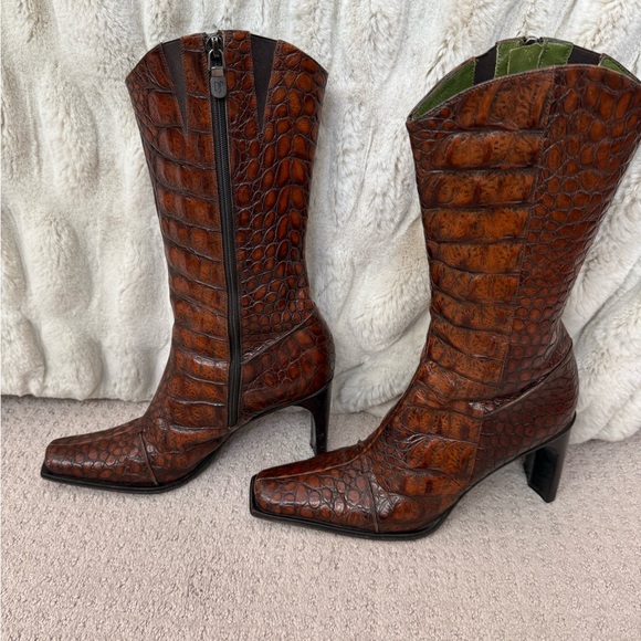 Donald J. Pliner Crocodile Brown and Olive Heeled Boots - Picture 2 of 5